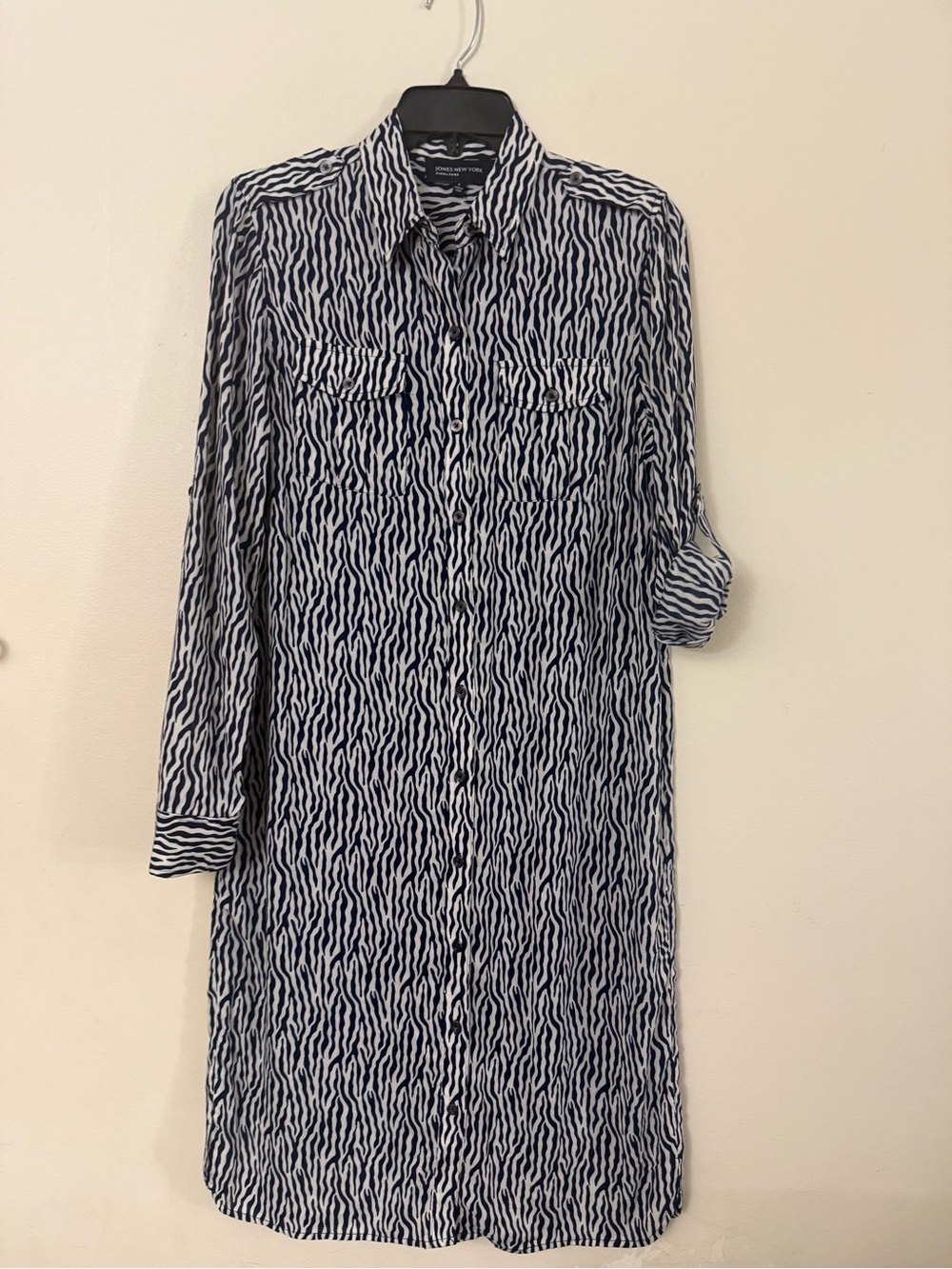 Jones New York Navy and White Printed Button-Down Shirt